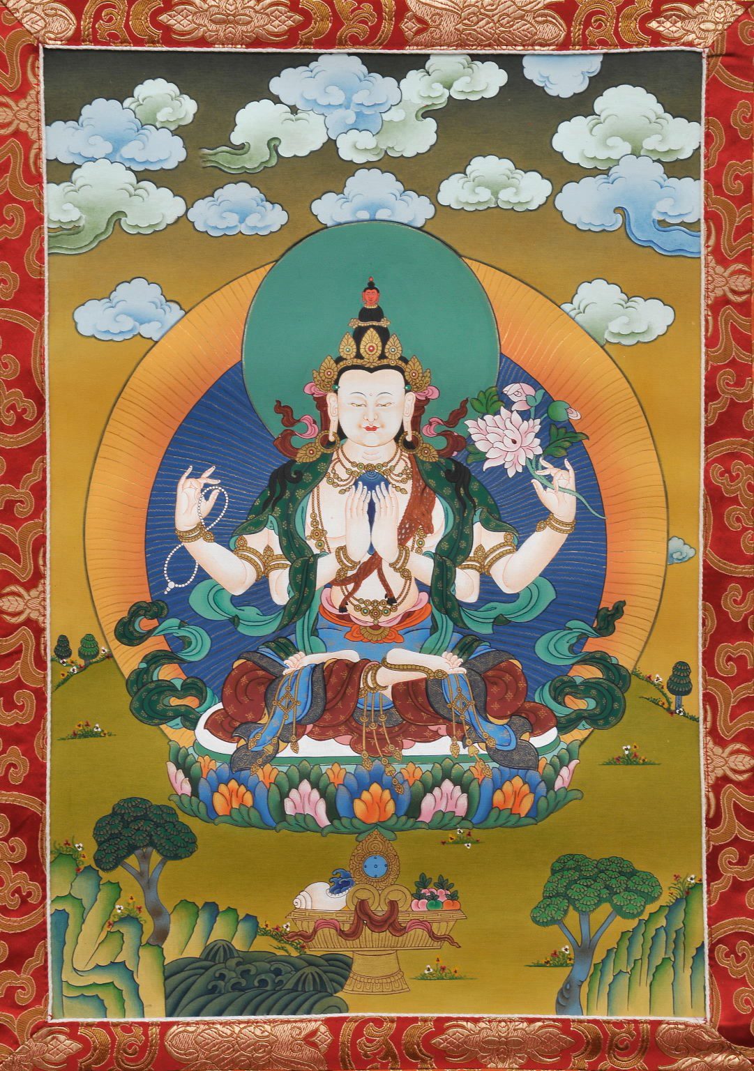 Thangka Chenrezig, eingenäht in Brokat