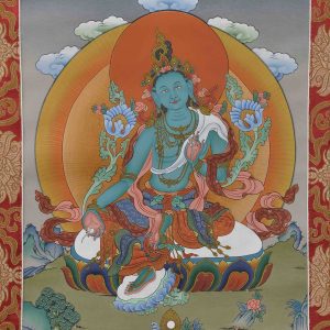 Thangka Grüne Tara, eingenäht in Brokat