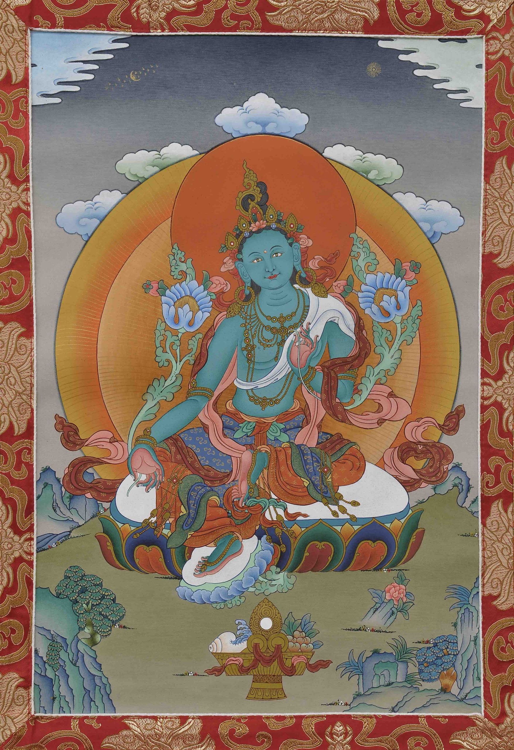 Thangka Grüne Tara, eingenäht in Brokat
