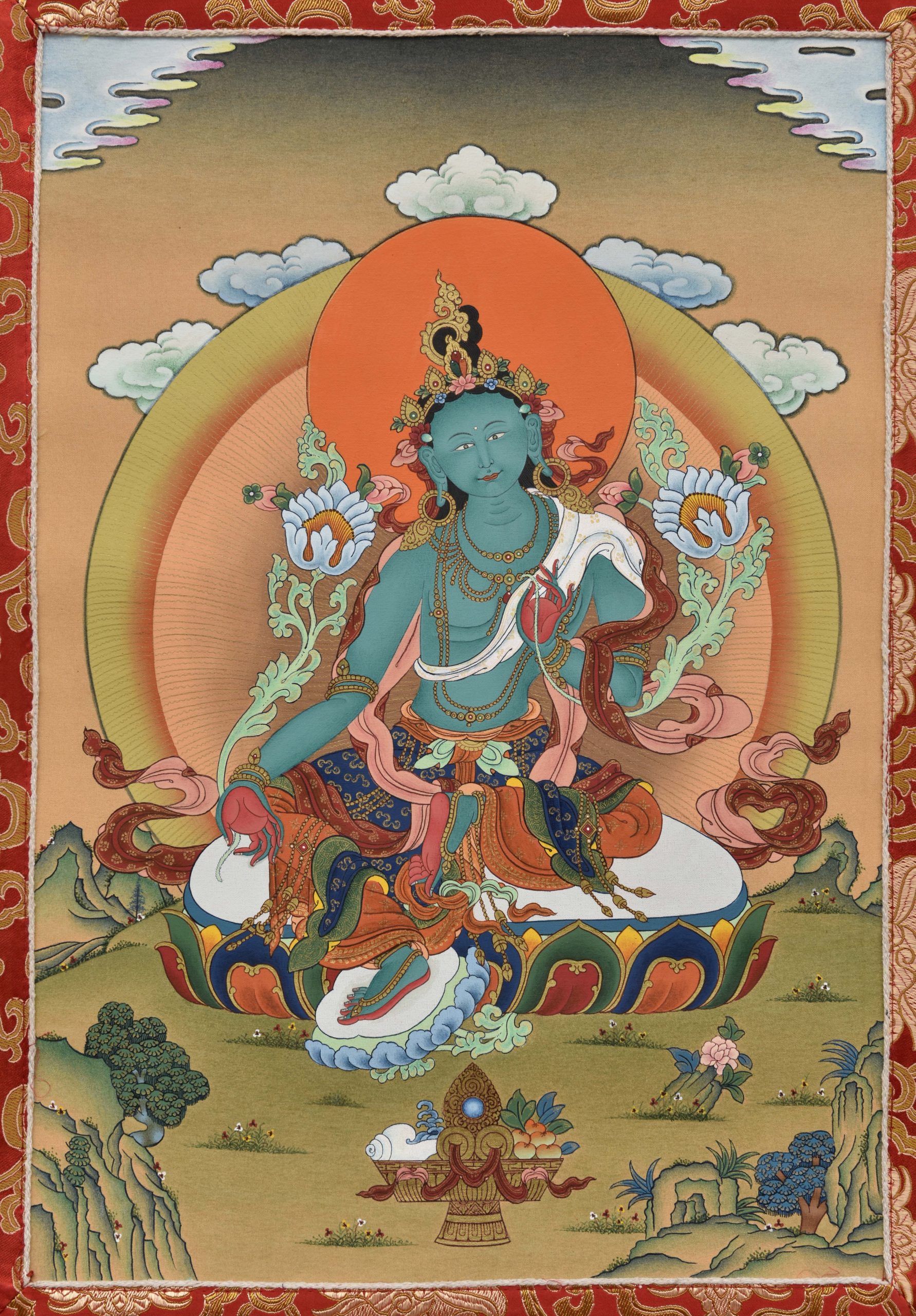 Thangka Grüne Tara, Bild 48 x 33 cm, eingenäht in Brokat