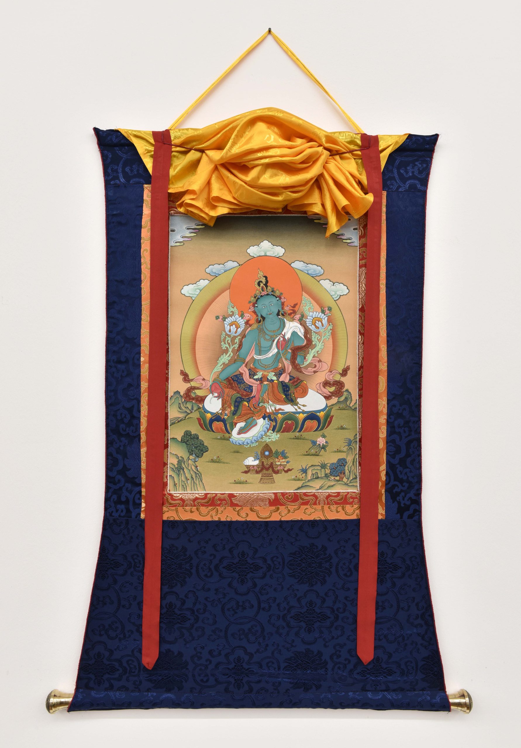 Thangka Grüne Tara, Bild 48 x 33 cm, eingenäht in Brokat - Image 2
