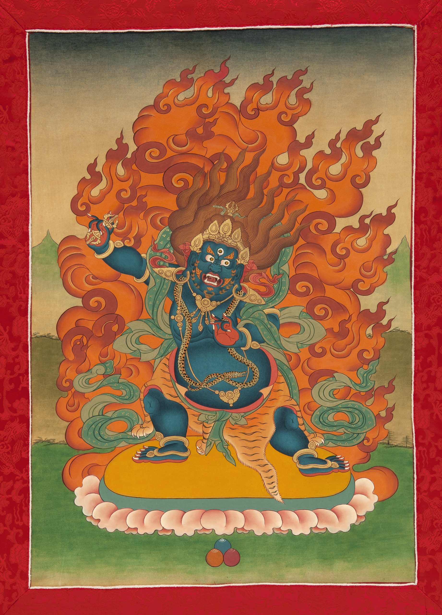Thangka Vajrapani, Bild 48 x 33 cm, eingenäht in Brokat